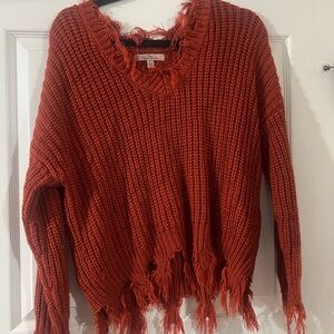 Love Tree V-Neck Frayed Hem Sweater in Red
